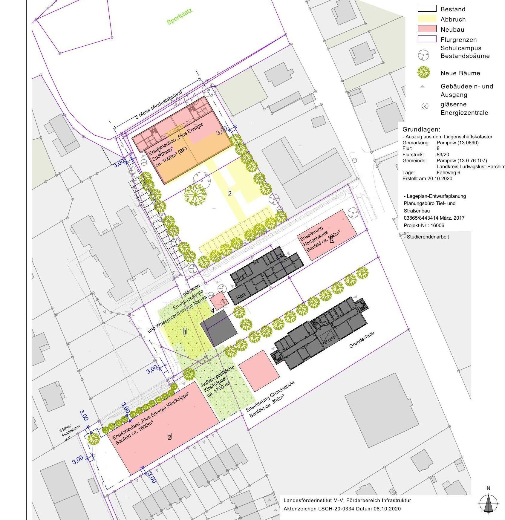Lageplan Gesamtvorhaben mit Teilprojekten 1–4 (verkleinert). Darstellung: A. M. Toryalai, Hochschule Wismar 2020; Grundl