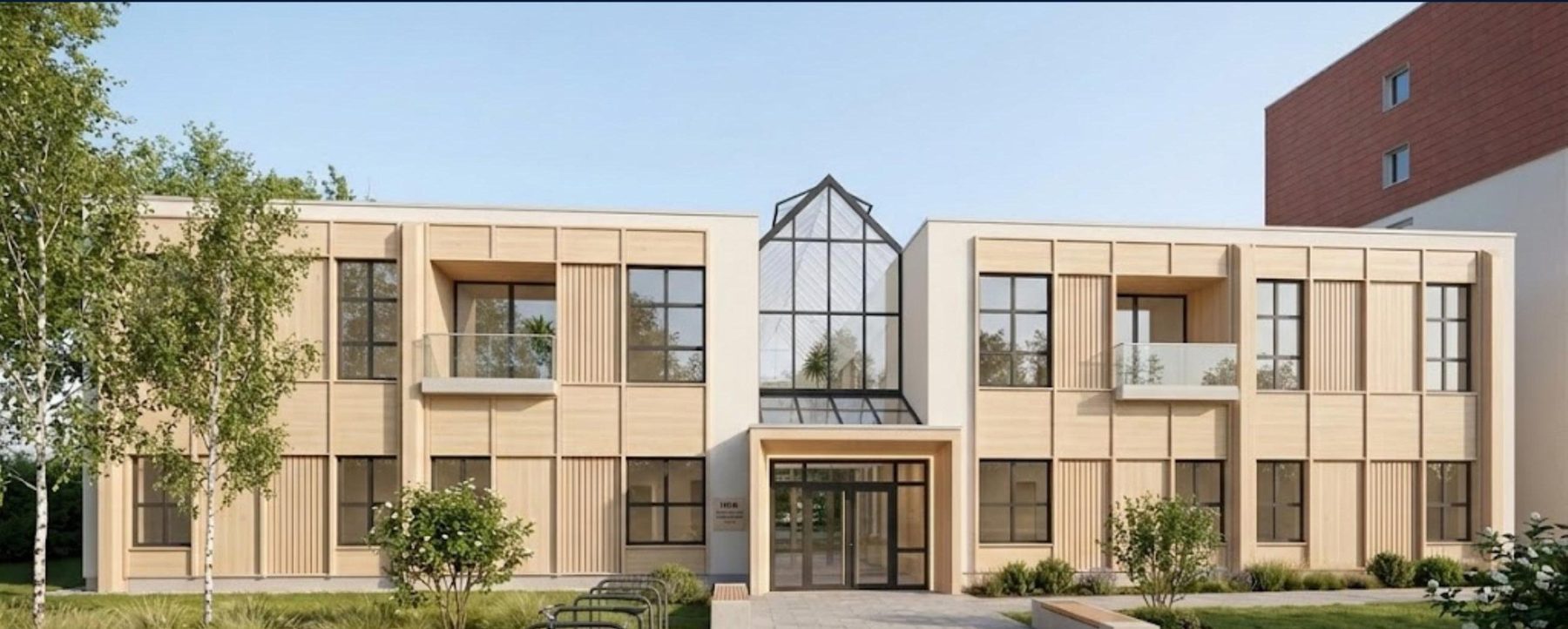 Laborgebäude (Haus F) mit vorgefertigter Holz-Zweitfassade. Visualisierung: T. Hajikhodadad, S. Ghasemi, Interdisciplina